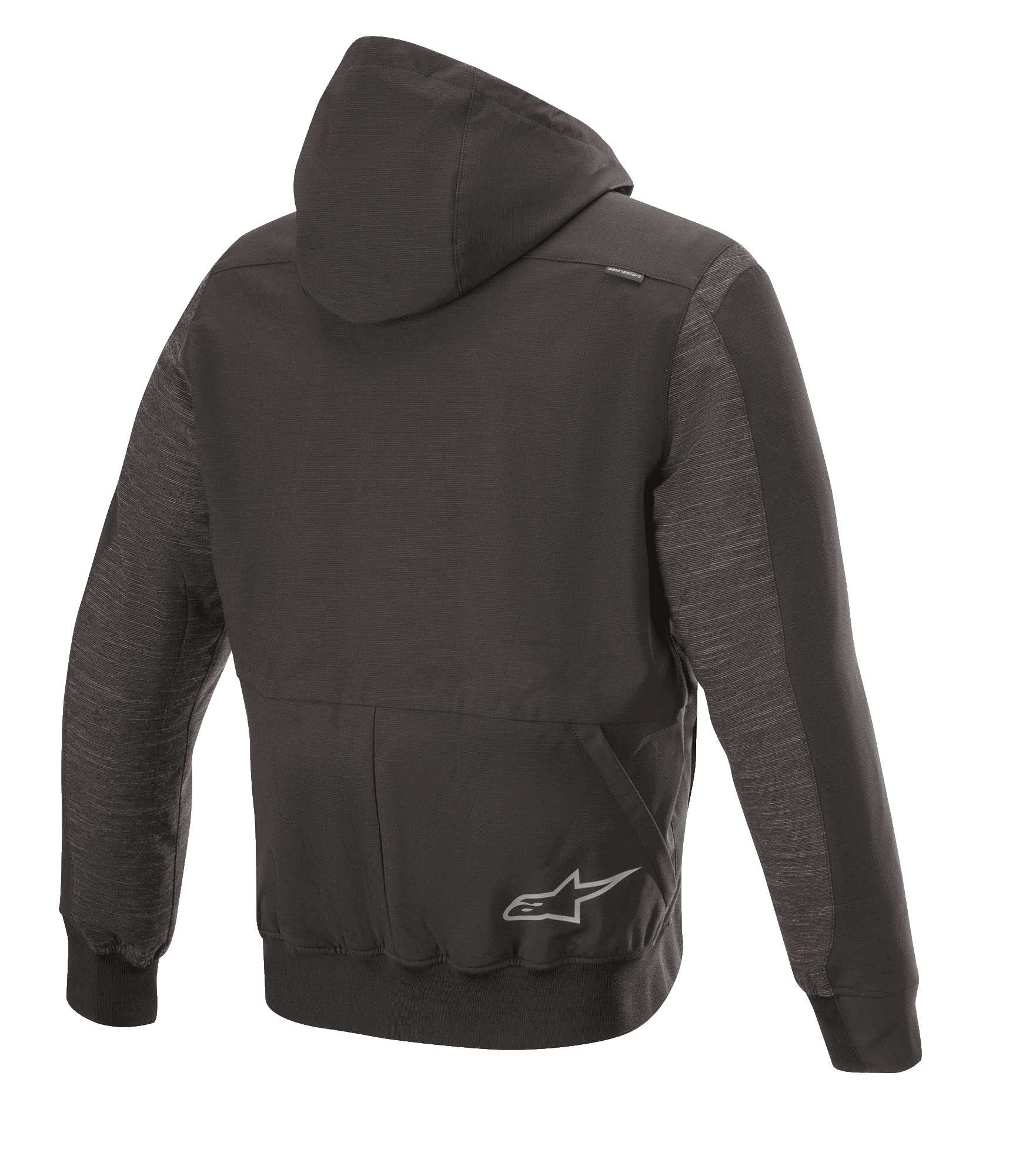 Alpinestars Rhod Windstopper Hoodie, casaco de motociclismo urbano, preto melange, vista traseira com capuz destacável, punhos e bainha canelados e logótipo de estrela discreto nas costas