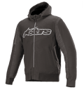 Alpinestars Rhod Windstopper Hoodie, preto melange e cinzento escuro, logótipo Astars grande em cinzento claro no peito, casaco de motociclismo com capuz e fecho integral, painéis laterais texturizados, punhos e cintura canelados, equipamento de proteção para condução urbana