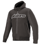 Alpinestars Rhod Windstopper Hoodie, preto melange e cinzento escuro, logótipo Astars grande em cinzento claro no peito, casaco de motociclismo com capuz e fecho integral, painéis laterais texturizados, punhos e cintura canelados, equipamento de proteção para condução urbana