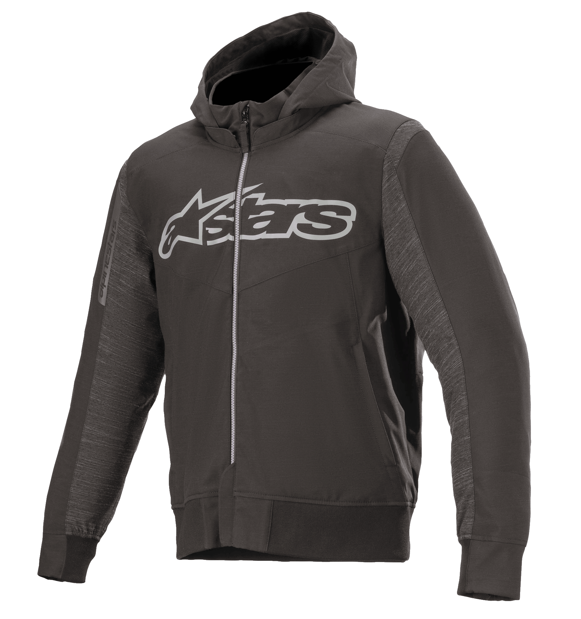 Alpinestars Rhod Windstopper Hoodie, Melange Black and Dark Gray, Large Light Gray Astars Logo on Chest, Full-Zip Hooded Motorcycle Jacket, Textured Side Panels, Ribbed Cuffs and Waistband, Urban Protective Riding Gear