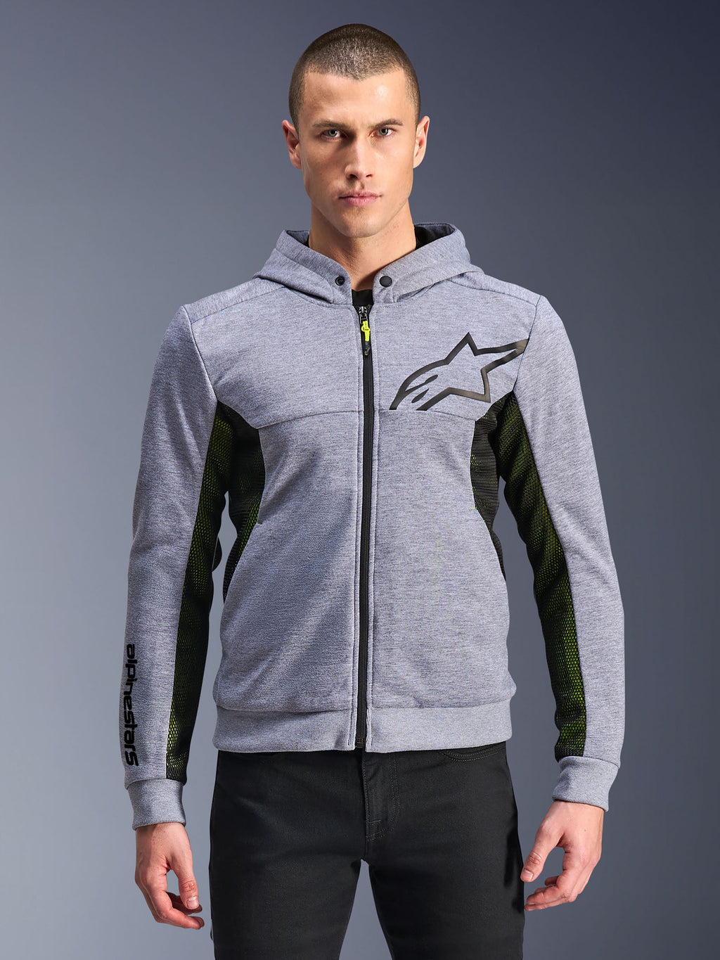 Alpinestars Chrome Air Sport Hoodie, Gray Heather and Black, full-zip urban riding hoodie with black star logo, prominent black and yellow mesh side panels, motorsport-inspired casual streetwear