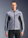 Alpinestars Chrome Air Sport Hoodie, Gray Heather and Black, full-zip urban riding hoodie with black star logo, prominent black and yellow mesh side panels, motorsport-inspired casual streetwear