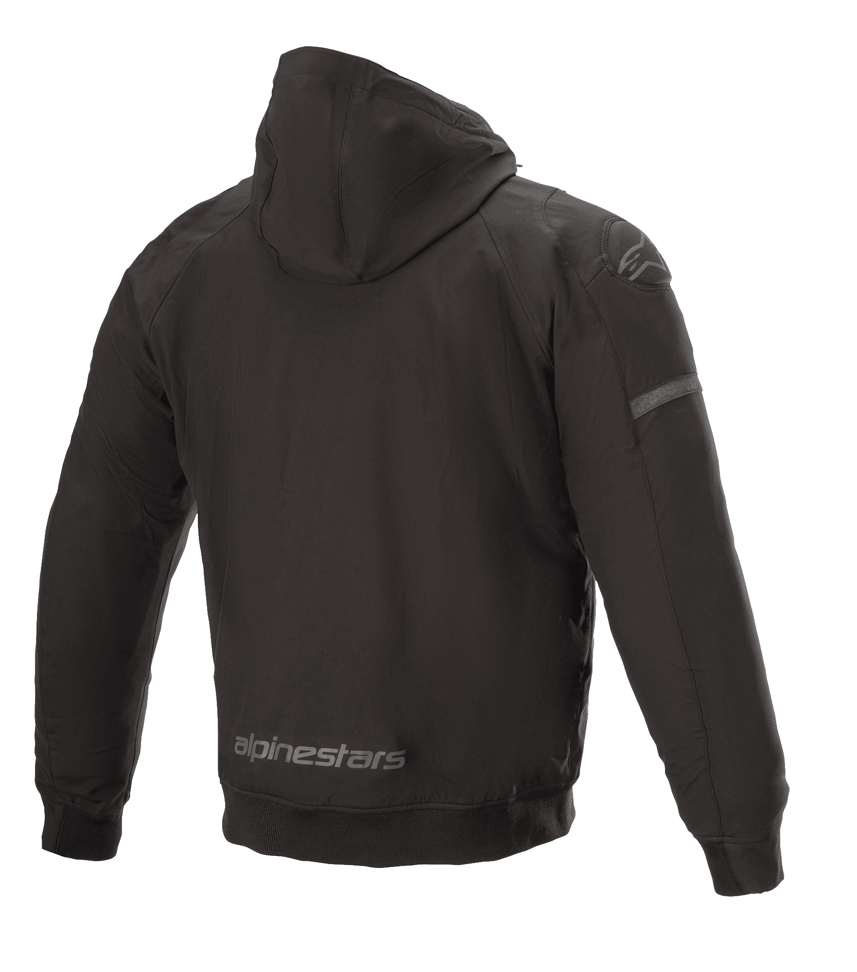 Alpinestars Sektor Tech V2 Hoodie, casaco de motociclismo preto, vista traseira mostrando a camada exterior têxtil resistente ao vento, marca Alpinestars refletora na bainha inferior, inserções tridimensionais nos ombros e design técnico urbano.