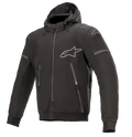 Alpinestars Sektor Tech V2 Hoodie, preto com detalhes cinzentos, casaco de motociclismo com capuz, fecho frontal completo, dois bolsos com fecho, logótipo Alpinestars cinzento no peito e ombro, design contemporâneo urbano com detalhes refletores