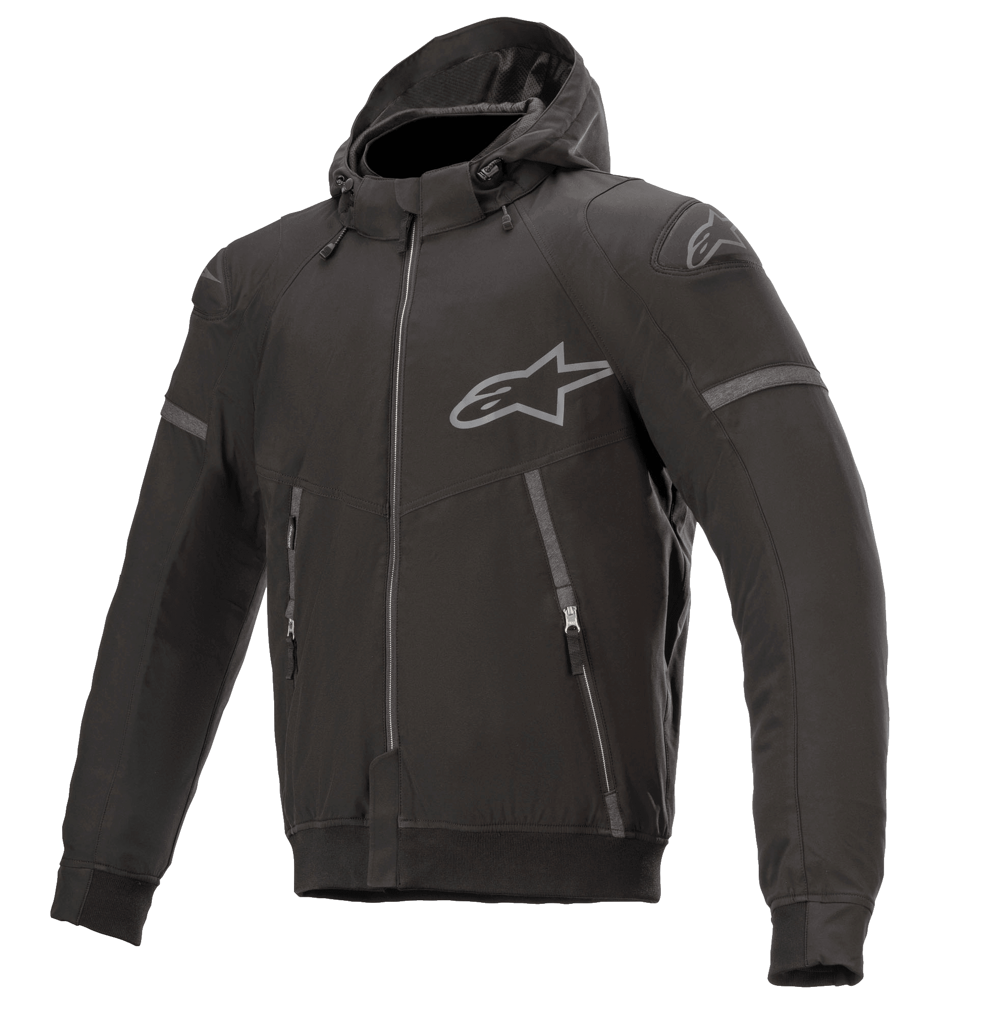 Alpinestars Sektor Tech V2 Hoodie, preto com detalhes cinzentos, casaco de motociclismo com capuz, fecho frontal completo, dois bolsos com fecho, logótipo Alpinestars cinzento no peito e ombro, design contemporâneo urbano com detalhes refletores