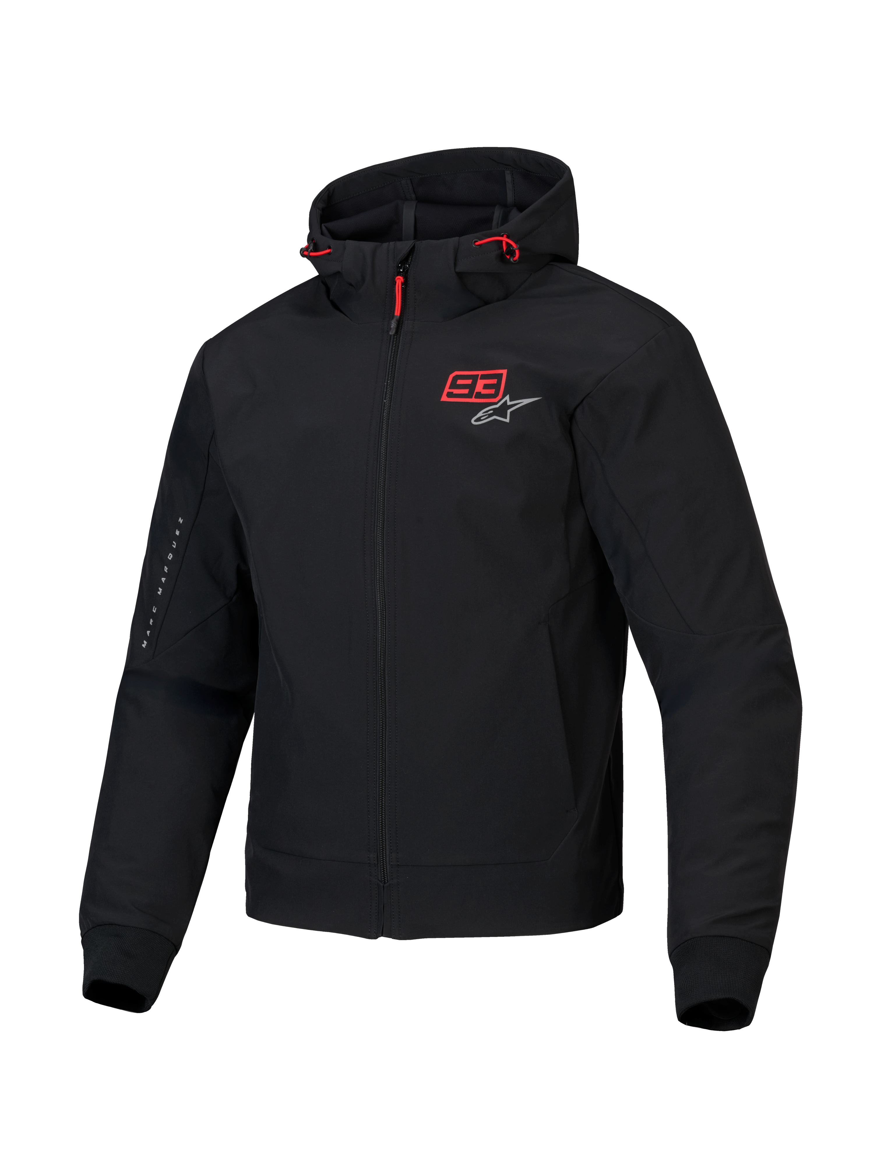 Alpinestars Hoodie MM93 Radium Tech, casaco de moto urbano para homem, preto com detalhes em vermelho, com proteção à prova de vento e proteções Nucleon Flex Plus CE Nível 1