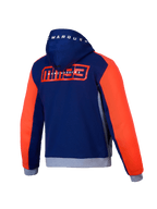 Alpinestars Hoodie MM93 Chrome V2 Sport, blusão com capuz de moto para homem, vista traseira em azul, cinzento e vermelho fluo, com gráficos Marc Marquez e certificado CE