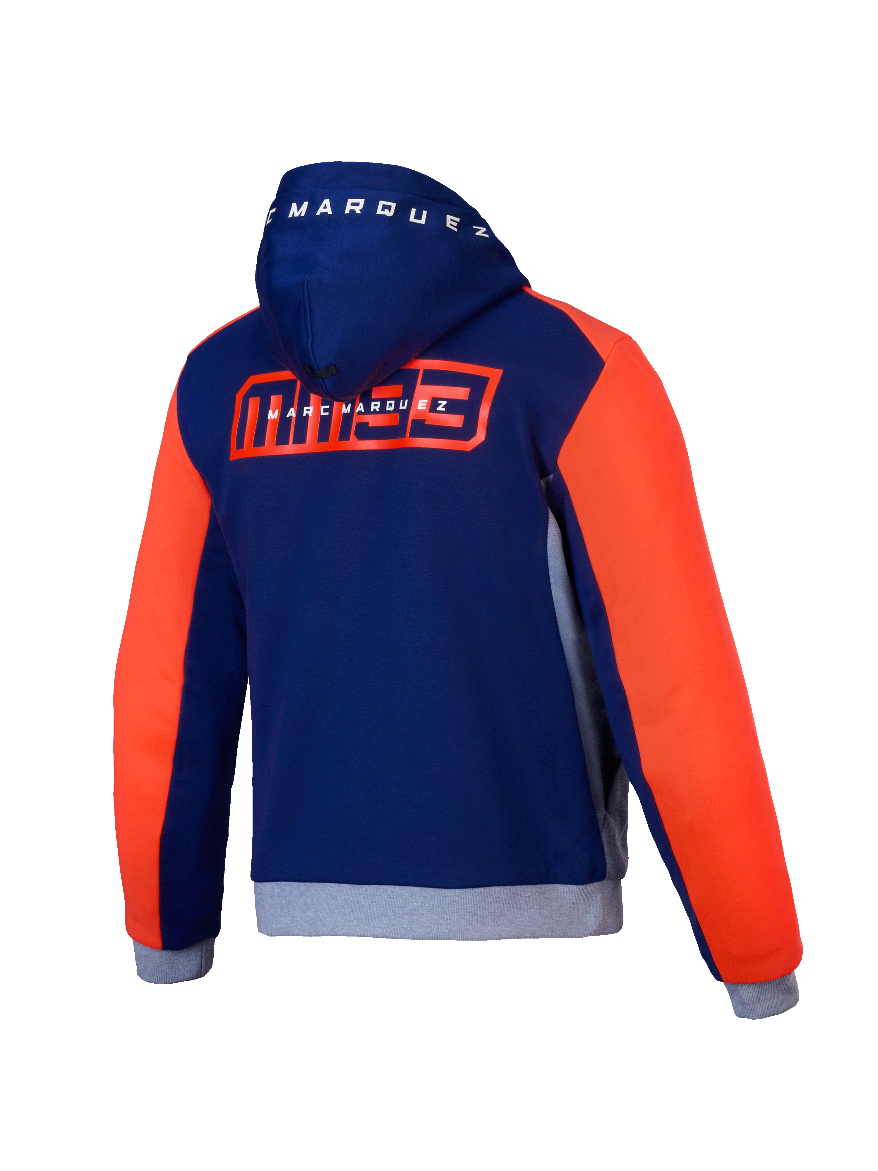 Alpinestars Hoodie MM93 Chrome V2 Sport, blusão com capuz de moto para homem, vista traseira em azul, cinzento e vermelho fluo, com gráficos Marc Marquez e certificado CE