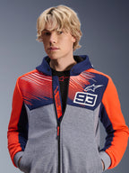 Alpinestars MM93 Chrome V2 Sport Hoodie, urban motorcycle hoodie, Blue Navy and Gray Mel with Red Fluo accents, featuring Marc Marquez 93 branding and Alpinestars logo, full-zip design, casual lifestyle apparel for riders