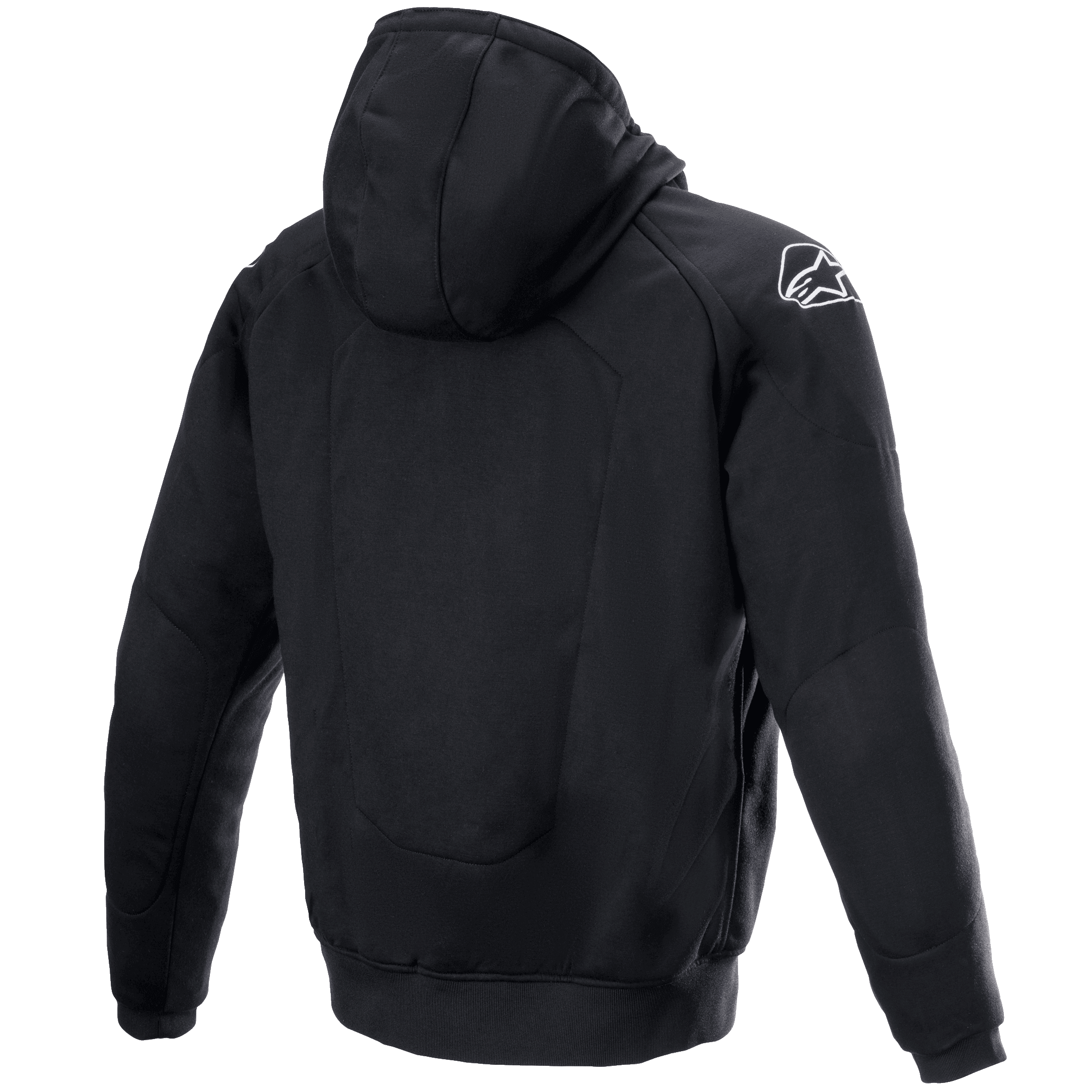 Alpinestars Chrome Ignition Hoodie, vista traseira, hoodie de motociclismo em tecido preto, logótipo Alpinestars branco no ombro direito, equipamento de proteção urbano e casual com painéis reforçados nas costas e cotovelos