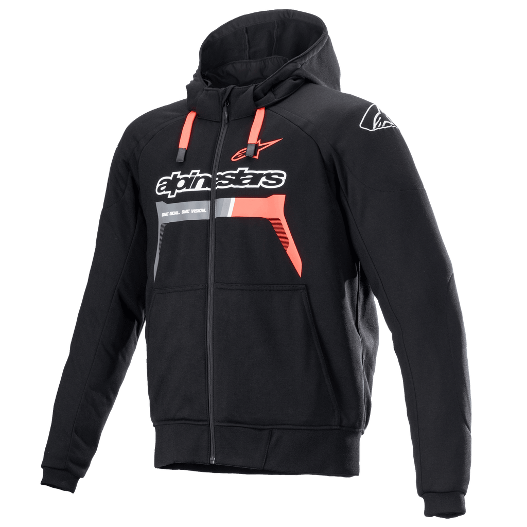 Alpinestars Chrome Ignition Hoodie, preto e vermelho fluo, hoodie de motociclismo com fecho e proteção, logótipo branco no peito, cordões vermelhos e punhos canelados, equipamento de condução urbana