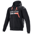 Alpinestars Chrome Ignition Hoodie, preto e vermelho fluo, hoodie de motociclismo com fecho e proteção, logótipo branco no peito, cordões vermelhos e punhos canelados, equipamento de condução urbana