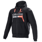 Alpinestars Chrome Ignition Hoodie, preto e vermelho fluo, hoodie de motociclismo com fecho e proteção, logótipo branco no peito, cordões vermelhos e punhos canelados, equipamento de condução urbana