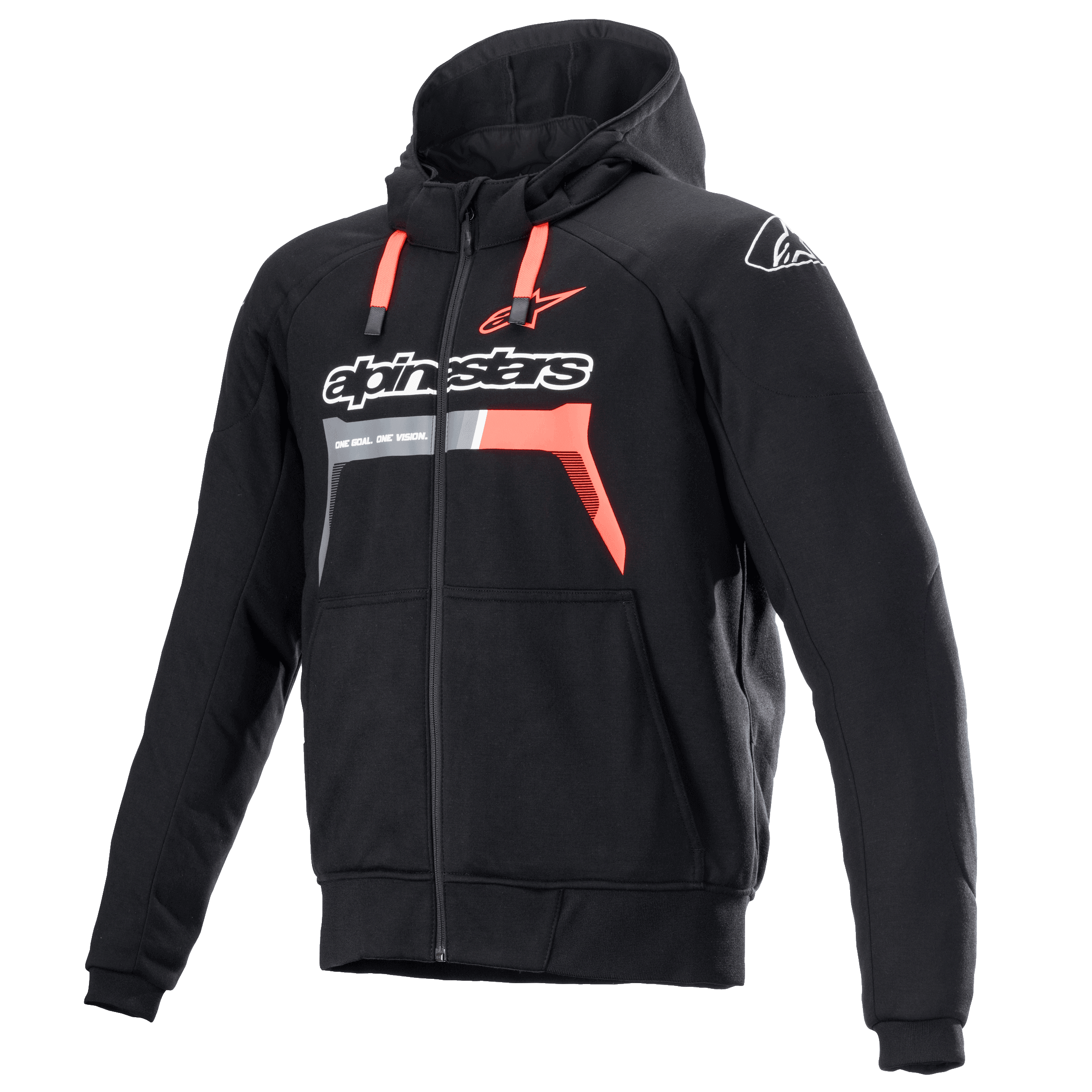 Alpinestars Chrome Ignition Hoodie, preto e vermelho fluo, hoodie de motociclismo com fecho e proteção, logótipo branco no peito, cordões vermelhos e punhos canelados, equipamento de condução urbana