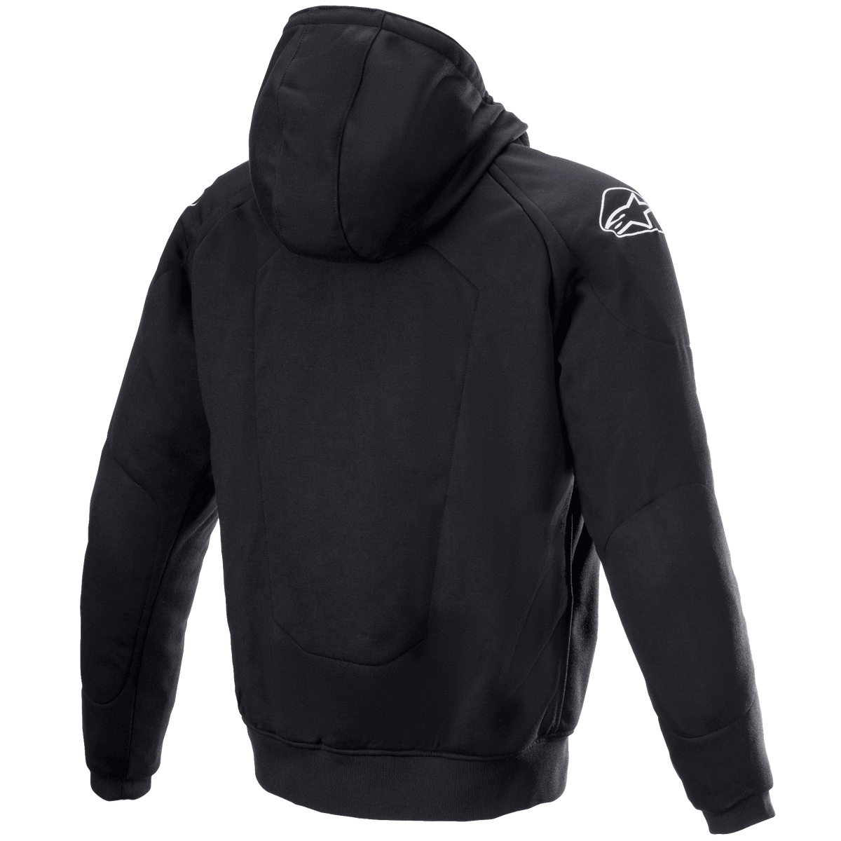 Alpinestars Chrome Ignition Hoodie, Motorcycle Hoodie, Black, Rear view featuring a white Alpinestars logo on the right shoulder, casual urban design with ribbed cuffs and hem, protective textile apparel for urban riding