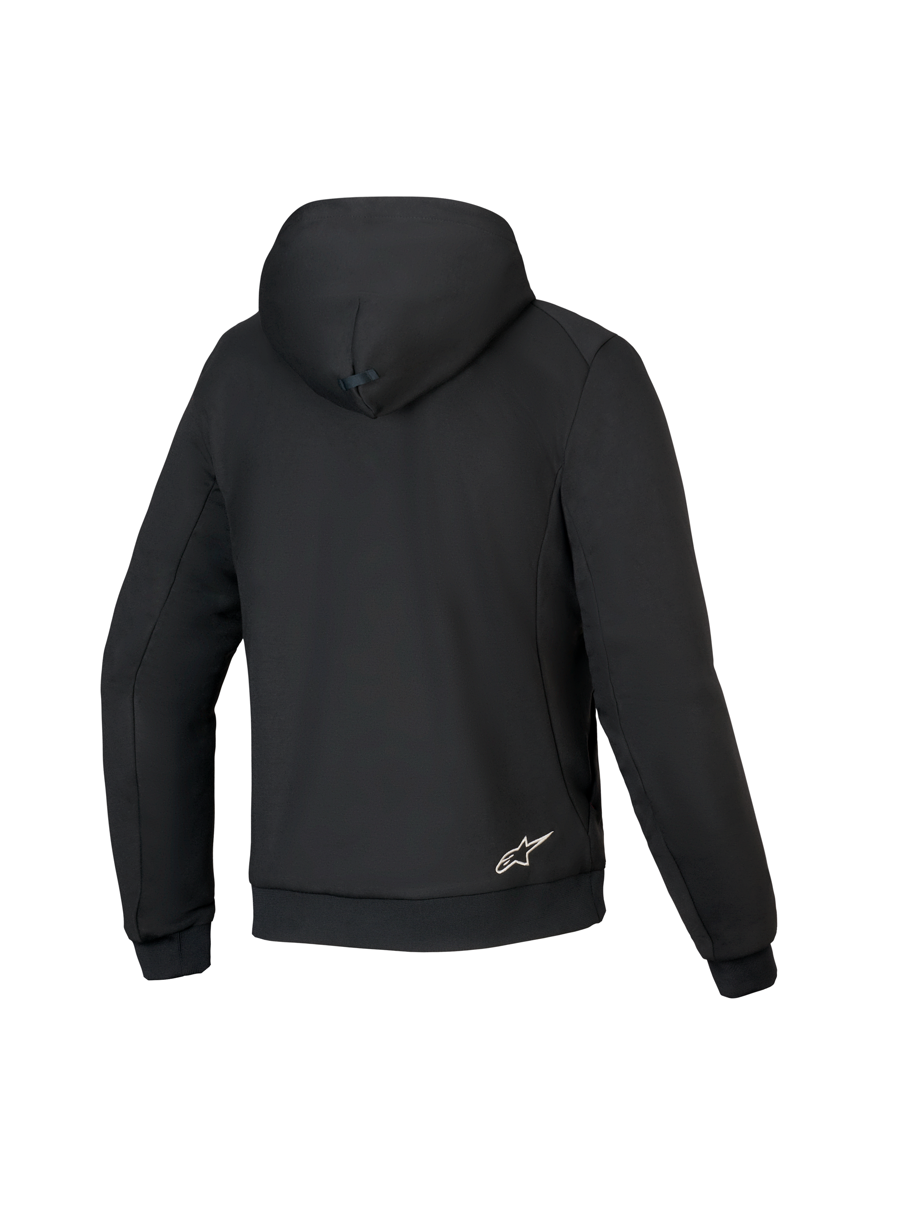 Alpinestars Honda Chrome V3 Sport Hoodie, Black, back view of motorcycle riding hoodie, tech fleece construction, featuring a hood with snap connection, ribbed cuffs and hem, and small white Alpinestars logo on the lower back