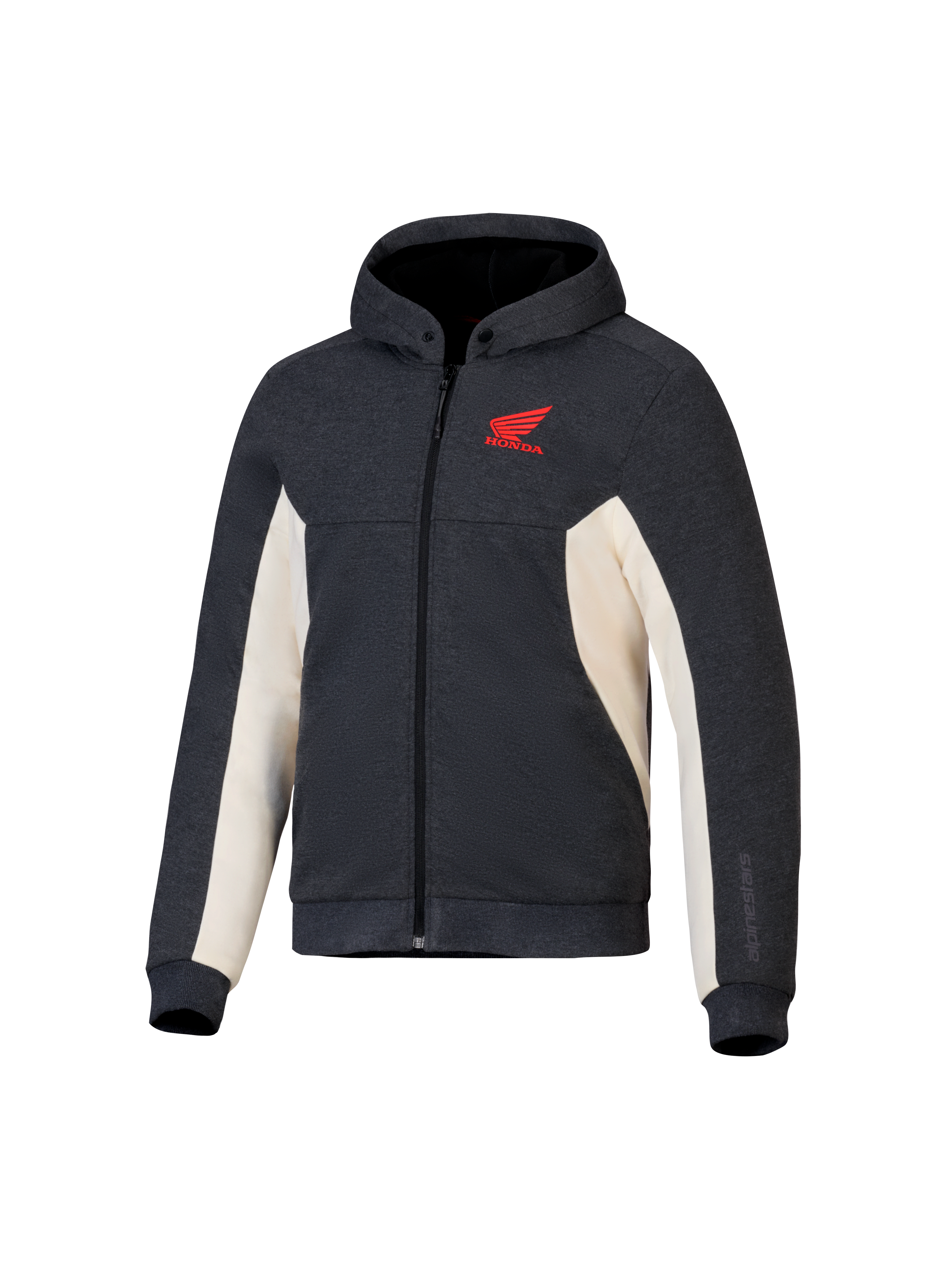 Alpinestars Honda Chrome V3 Sport Hoodie, Anthracite Melange e Off White, logótipo Honda Wing vermelho no peito, hoodie em fleece técnico com fecho integral, capuz com botões de pressão e punhos canelados, equipamento de motociclismo urbano casual