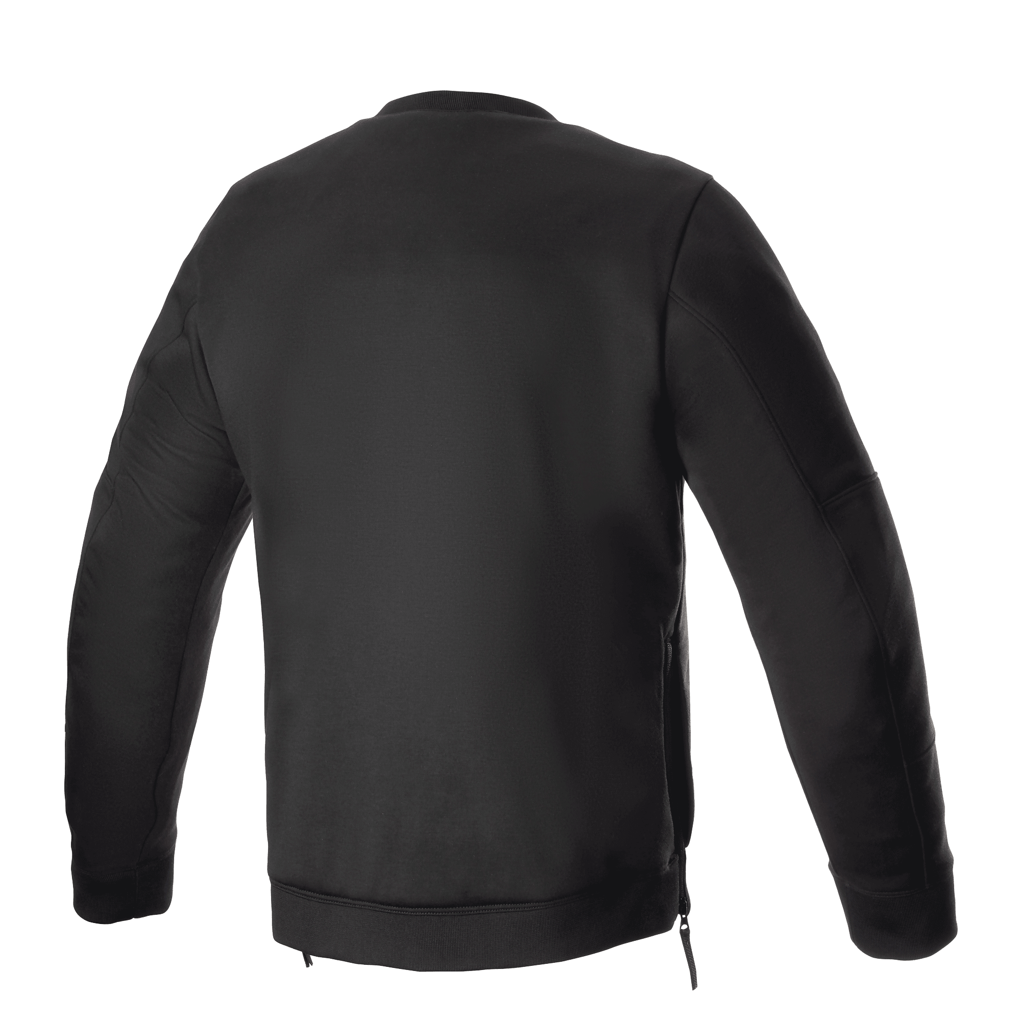 Alpinestars Legit Crew Fleece, preto, vista traseira de pulôver para motociclismo urbano, gola redonda com punhos e bainha canelados, fechos laterais para acesso, equipamento de proteção casual para motociclistas