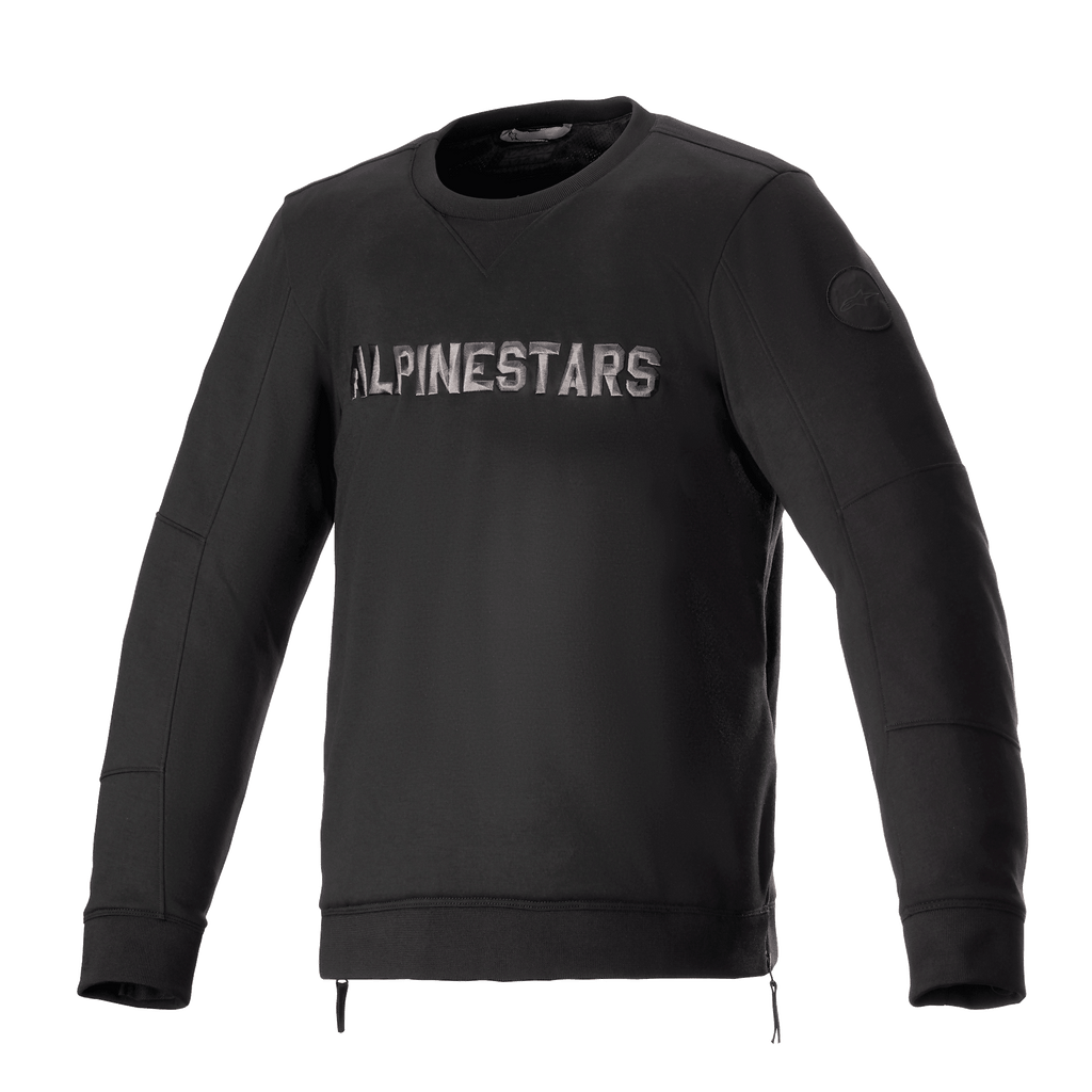 Alpinestars Legit Crew Fleece, casaco de motociclismo urbano, preto e cinzento, pulôver de gola redonda com logótipo metálico no peito, fechos laterais, punhos e bainha canelados, equipamento de condução casual