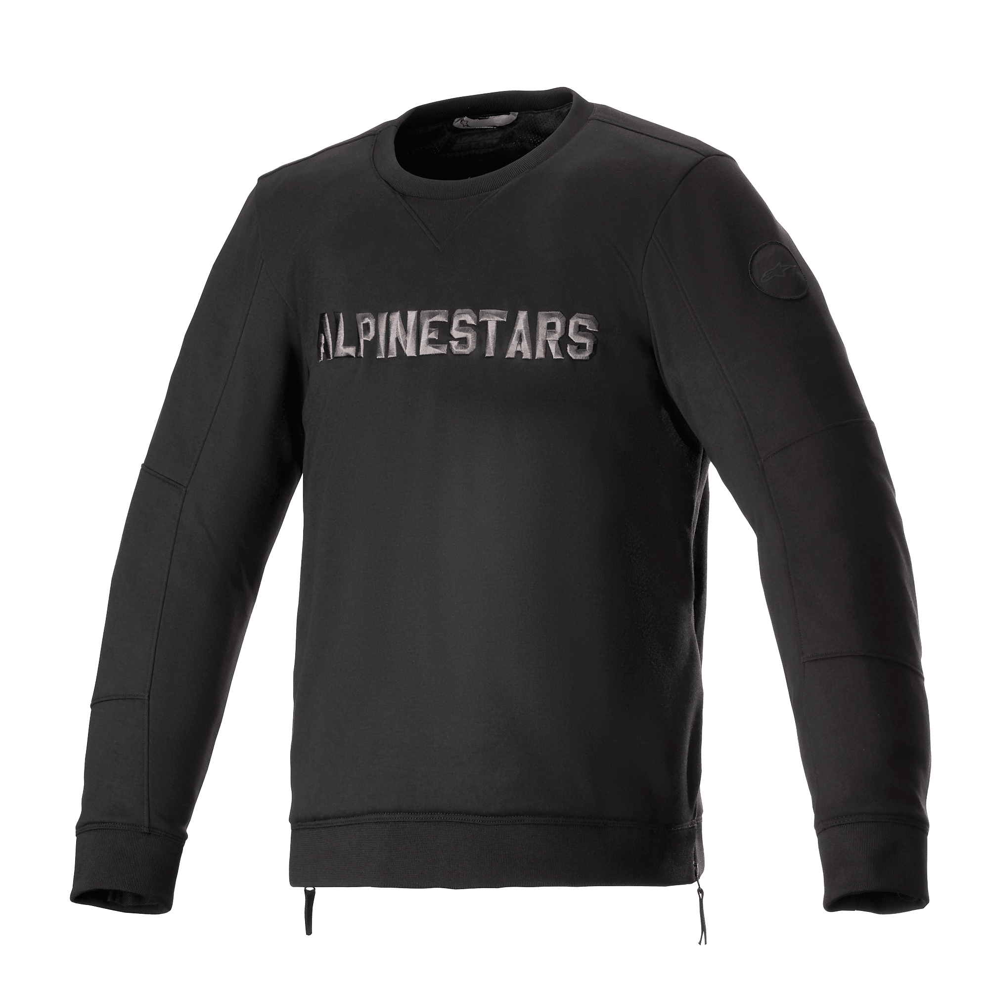 Alpinestars Legit Crew Fleece, casaco de motociclismo urbano, preto e cinzento, pulôver de gola redonda com logótipo metálico no peito, fechos laterais, punhos e bainha canelados, equipamento de condução casual