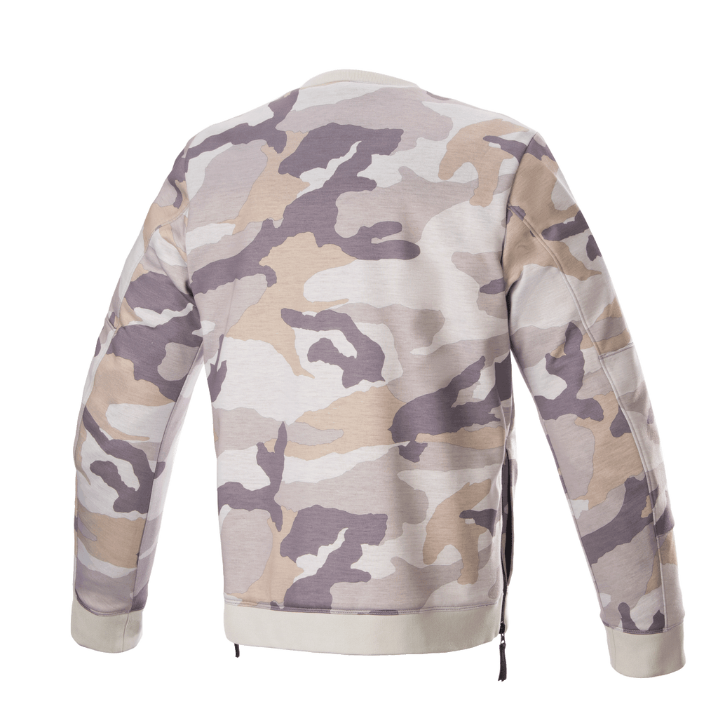 Alpinestars Legit Crew Fleece, camisola de motociclismo, camuflado cinzento claro, vista traseira, padrão de camuflagem em tons de cinzento e bege, gola e bainha caneladas, fechos laterais, equipamento de condução urbana casual