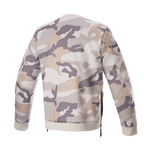 Alpinestars Legit Crew Fleece, camisola de motociclismo, camuflado cinzento claro, vista traseira, padrão de camuflagem em tons de cinzento e bege, gola e bainha caneladas, fechos laterais, equipamento de condução urbana casual