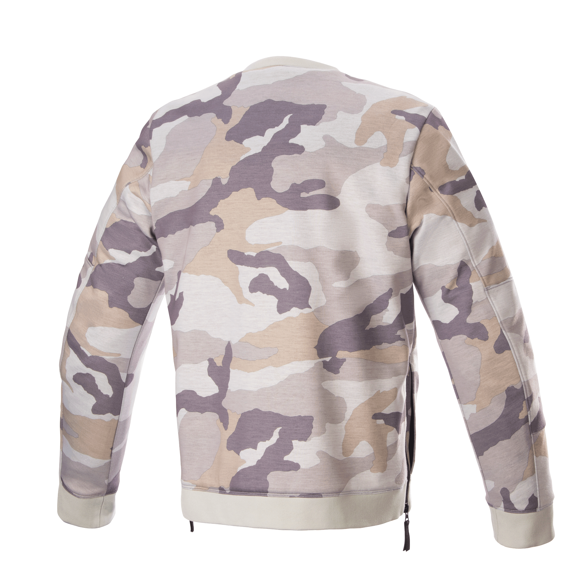 Alpinestars Legit Crew Fleece, camisola de motociclismo, camuflado cinzento claro, vista traseira, padrão de camuflagem em tons de cinzento e bege, gola e bainha caneladas, fechos laterais, equipamento de condução urbana casual