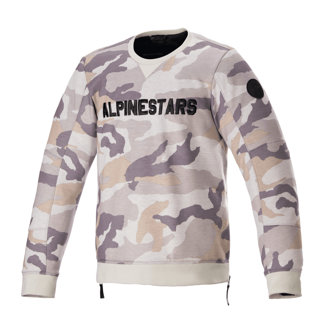 Alpinestars Legit Crew Fleece, camisola de motociclismo, padrão camuflado cinzento claro, logótipo ALPINESTARS preto em destaque no peito, patch circular preto na manga, punhos e bainha canelados, vestuário de condução urbano casual