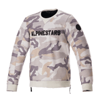 Alpinestars Legit Crew Fleece, camisola de motociclismo, padrão camuflado cinzento claro, logótipo ALPINESTARS preto em destaque no peito, patch circular preto na manga, punhos e bainha canelados, vestuário de condução urbano casual