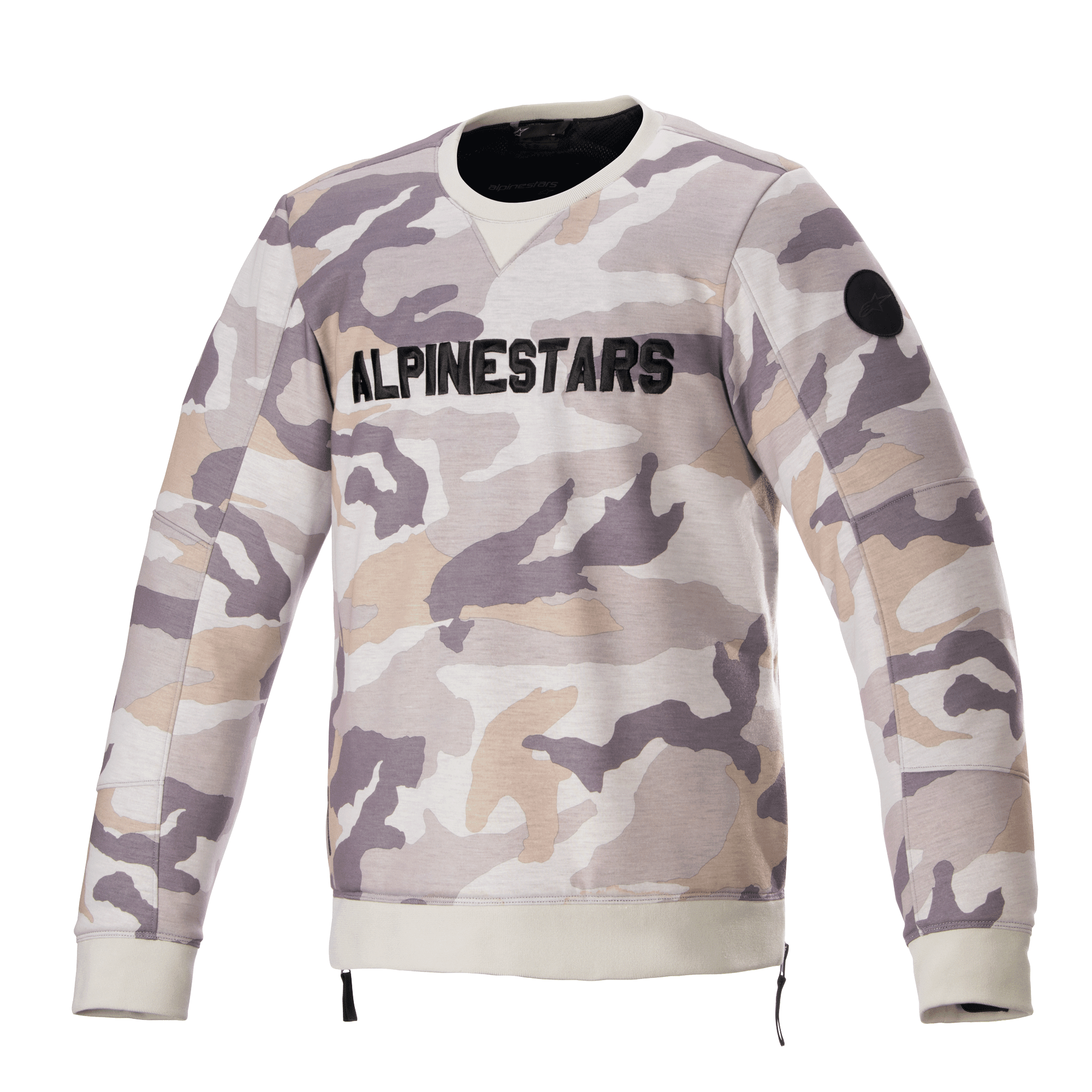 Alpinestars Legit Crew Fleece, camisola de motociclismo, padrão camuflado cinzento claro, logótipo ALPINESTARS preto em destaque no peito, patch circular preto na manga, punhos e bainha canelados, vestuário de condução urbano casual