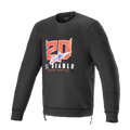 Alpinestars FQ20 Legit Crew Fleece, sweatshirt de motociclismo preta de manga comprida, apresenta gráficos no peito do '20' com chifres de diabo vermelho e 'El Diablo', logótipo em degradê azul e vermelho, fechos laterais e acabamentos canelados, equipamento de condução casual urbano