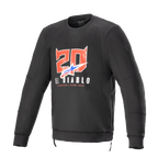 Alpinestars FQ20 Legit Crew Fleece, sweatshirt de motociclismo preta de manga comprida, apresenta gráficos no peito do '20' com chifres de diabo vermelho e 'El Diablo', logótipo em degradê azul e vermelho, fechos laterais e acabamentos canelados, equipamento de condução casual urbano
