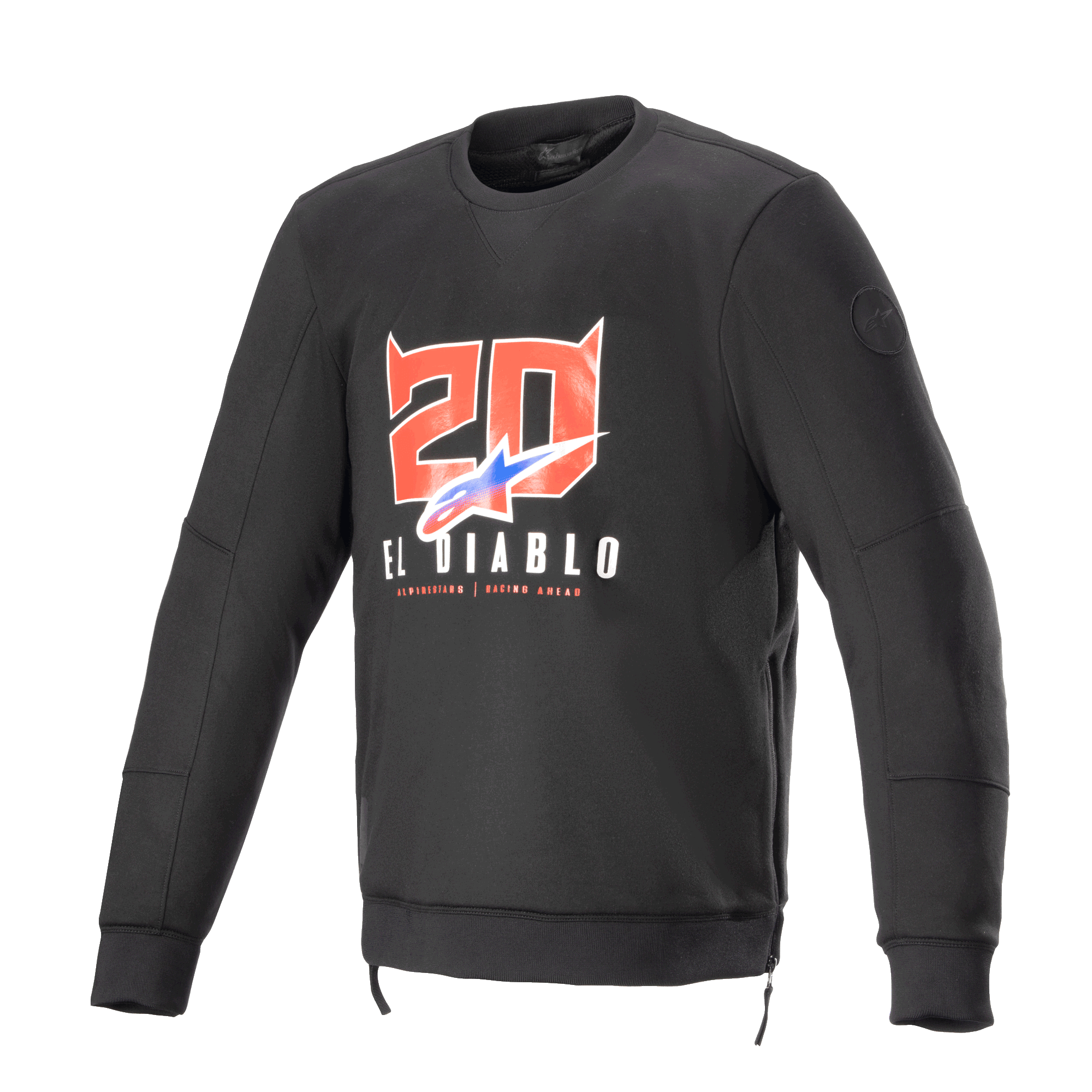 Alpinestars FQ20 Legit Crew Fleece, sweatshirt de motociclismo preta de manga comprida, apresenta gráficos no peito do '20' com chifres de diabo vermelho e 'El Diablo', logótipo em degradê azul e vermelho, fechos laterais e acabamentos canelados, equipamento de condução casual urbano