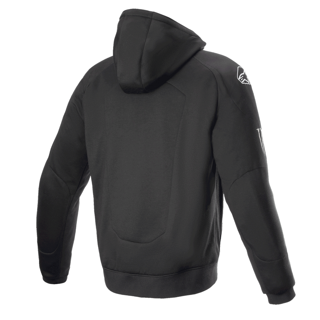 Alpinestars FQ20 Chrome Ignition Monster Hoodie, casaco de motociclismo com capuz preto, vista traseira, logótipo Alpinestars branco no ombro, marca Monster Energy na manga, design urbano casual com construção têxtil protetora