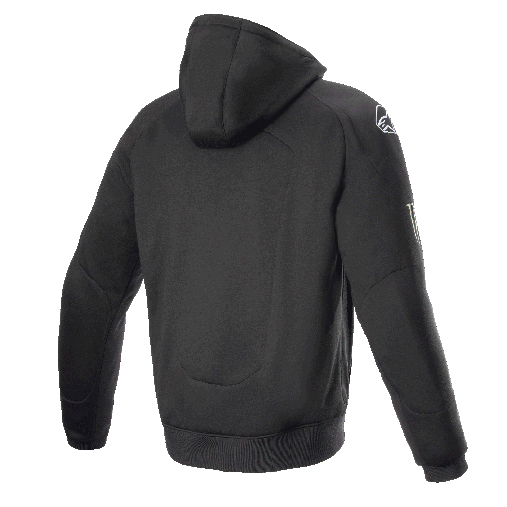 Alpinestars FQ20 Chrome Ignition Monster Hoodie, casaco de motociclismo com capuz preto, vista traseira, logótipo Alpinestars branco no ombro, marca Monster Energy na manga, design urbano casual com construção têxtil protetora