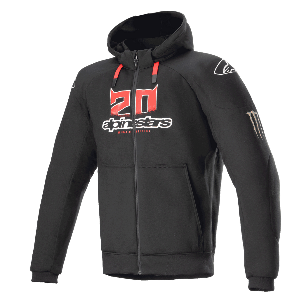 Alpinestars FQ20 Chrome Ignition Monster Hoodie, hoodie de motociclismo preto com fecho de correr, logótipo '20' vermelho e branco no peito, marca Alpinestars, cordões vermelhos, logótipo branco no ombro, garra da Monster Energy na manga, equipamento de proteção para condução urbana
