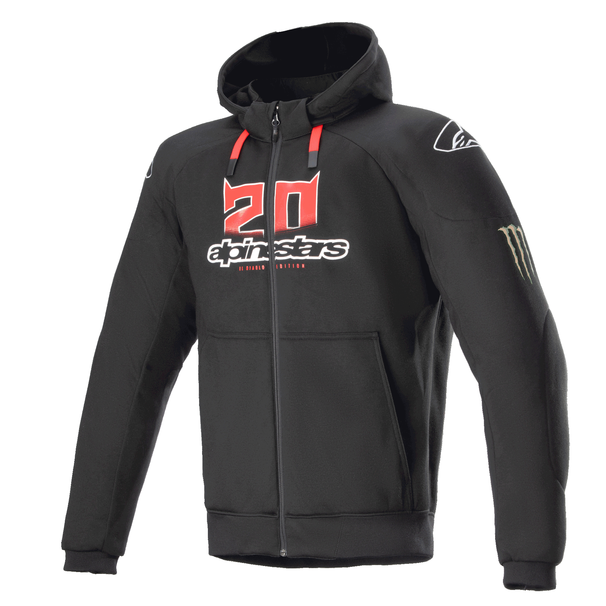 Alpinestars FQ20 Chrome Ignition Monster Hoodie, hoodie de motociclismo preto com fecho de correr, logótipo '20' vermelho e branco no peito, marca Alpinestars, cordões vermelhos, logótipo branco no ombro, garra da Monster Energy na manga, equipamento de proteção para condução urbana