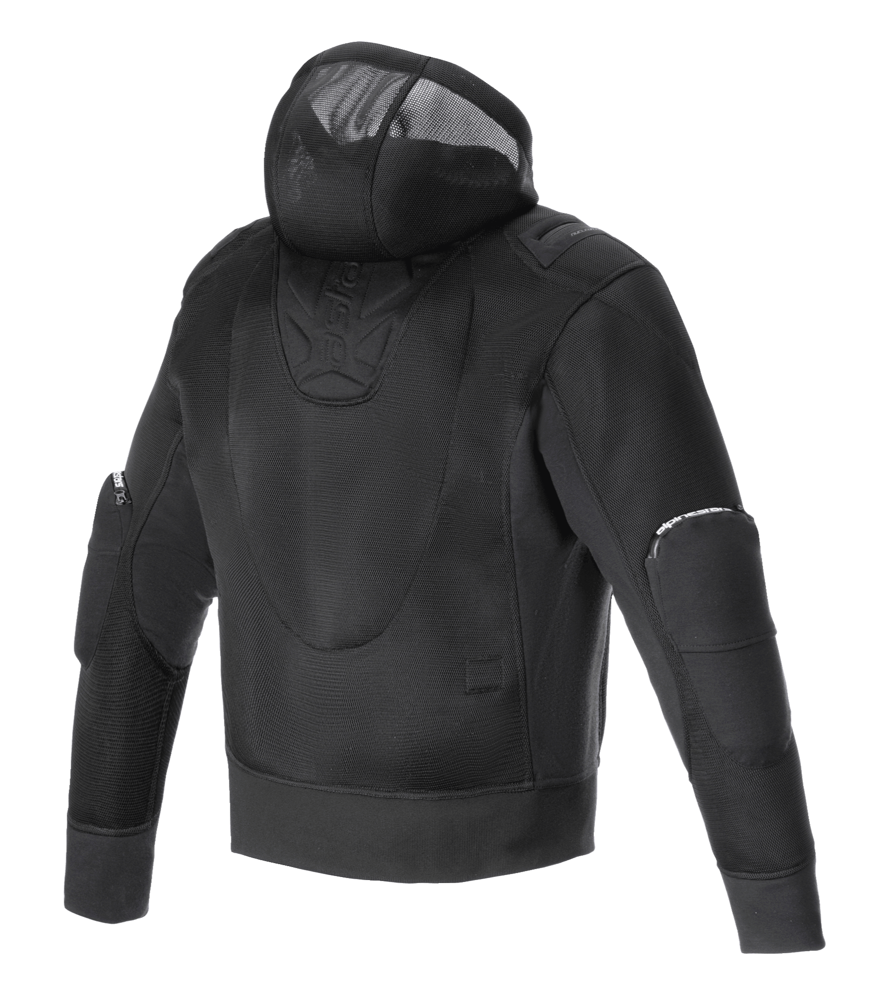 Alpinestars Moflow Air Tech Hoodie, Men's Motorcycle Jacket, Black, rear view featuring full high-density mesh construction, integrated mesh hood, and protective elbow panels, designed for maximum ventilation and urban style.