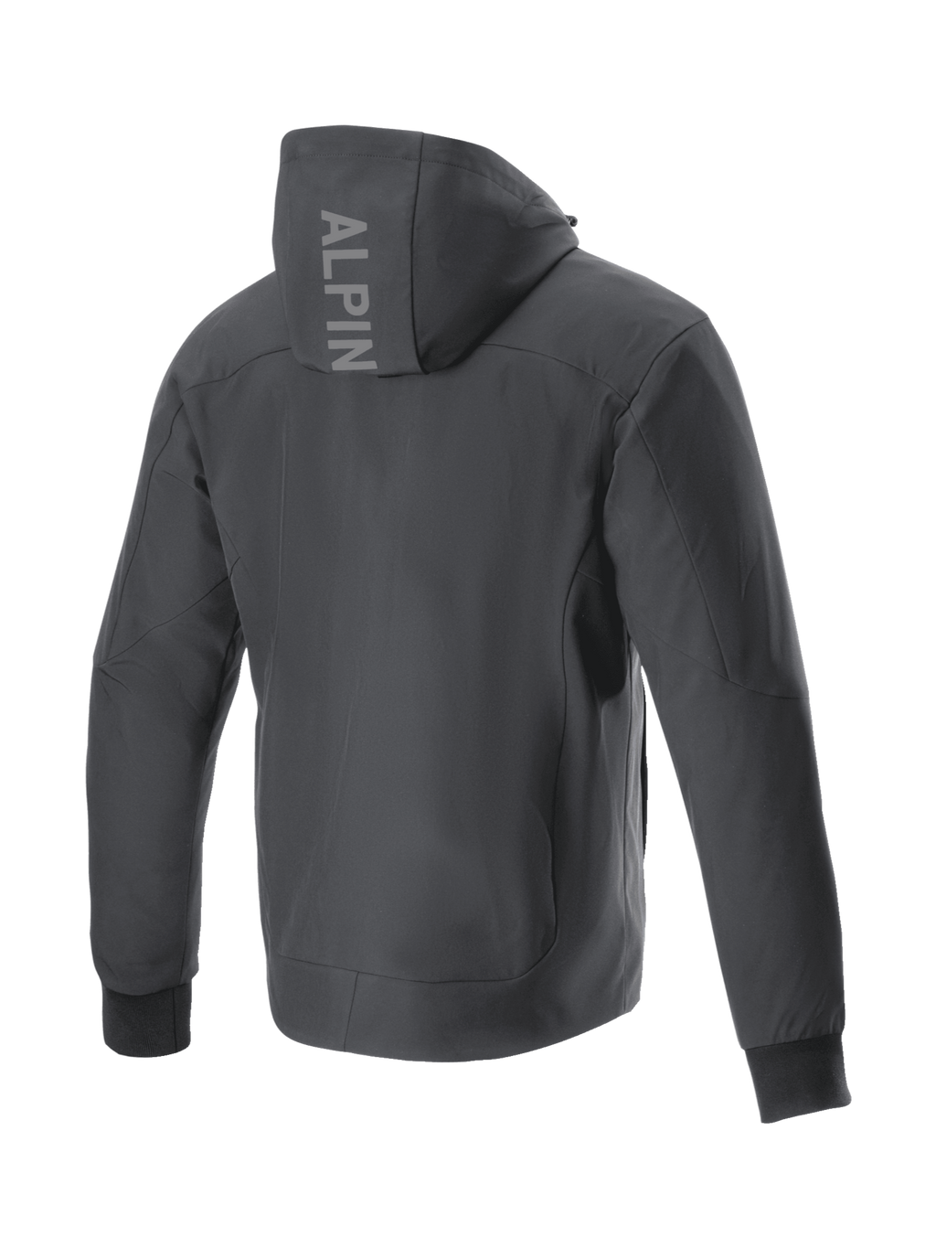 Alpinestars Radium Tech Hoodie, black windproof 3L Tech shell urban motorcycle jacket, Men's back view with hood branding.