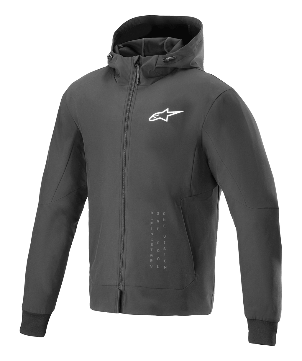 Alpinestars Radium Tech Hoodie, Black and White Urban Motorcycle Jacket, featuring a white star logo on the chest and vertical branding, full-zip hooded design with ribbed cuffs, modern athletic fit
