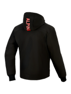 Alpinestars Radium Tech Hoodie, back view, Black with Bright Red, featuring vertical Alpinestars branding on the hood, 3-layer windproof technical shell, ribbed stretch cuffs, and a streamlined urban athletic fit.