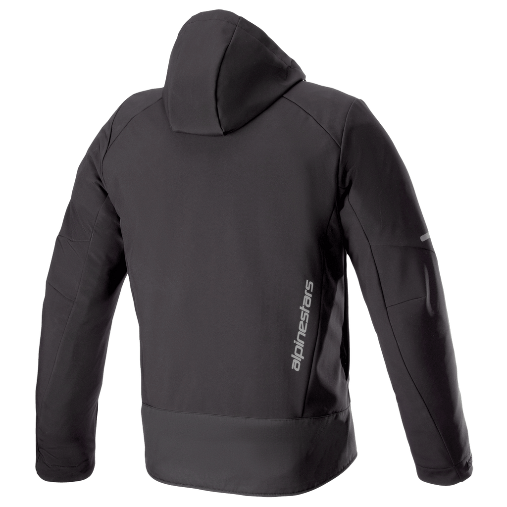 Alpinestars Neo Waterproof Hoodie, technical urban motorcycle jacket, Black, rear view showing detachable hood, vertical silver Alpinestars branding on the lower back, and reflective accents on the sleeves.