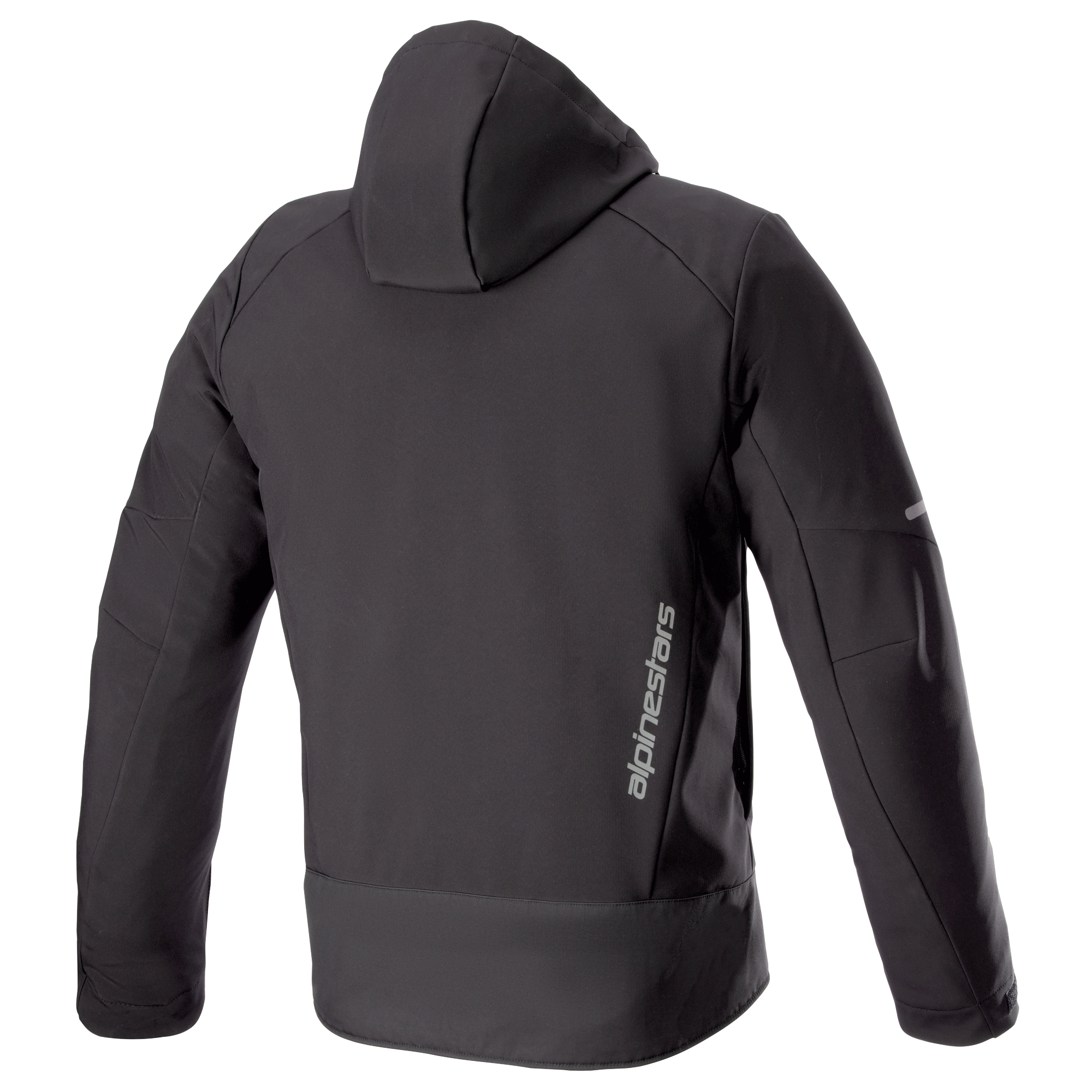 Alpinestars Neo Waterproof Hoodie, technical urban motorcycle jacket, Black, rear view showing detachable hood, vertical silver Alpinestars branding on the lower back, and reflective accents on the sleeves.