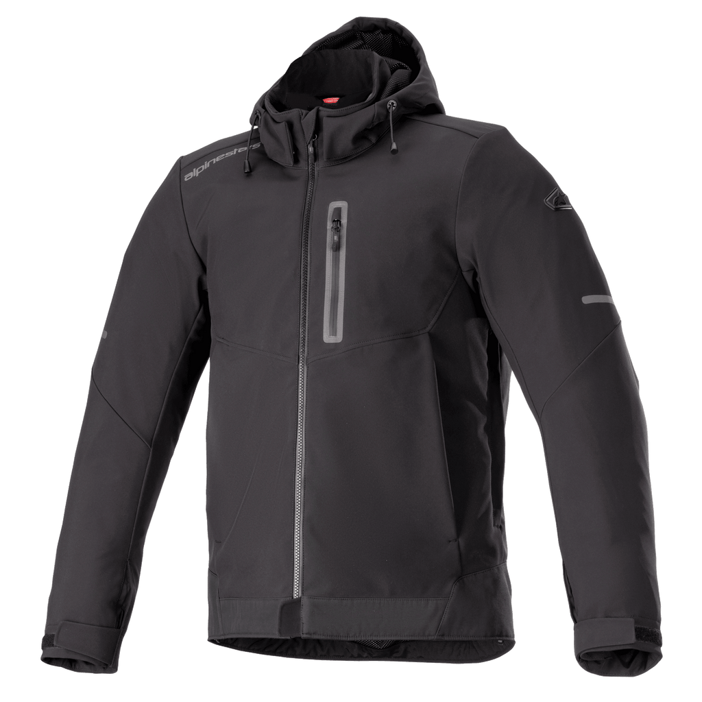 Alpinestars Neo Waterproof Hoodie, Black, urban motorcycle jacket, smooth water-resistant fabric, full front zipper, vertical zippered chest pocket, attached drawstring hood, reflective accents on sleeves, adjustable velcro cuffs, technical commuter style