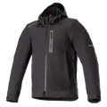 Alpinestars Neo Waterproof Hoodie, Black, urban motorcycle jacket, smooth water-resistant fabric, full front zipper, vertical zippered chest pocket, attached drawstring hood, reflective accents on sleeves, adjustable velcro cuffs, technical commuter style