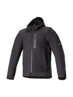 Alpinestars Neo Waterproof Hoodie, men's black urban motorcycle jacket, waterproof softshell textile, Tech-Air Ready.
