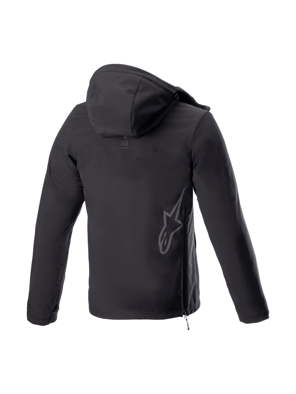 Alpinestars Sherpa Hoodie, casaco com capuz de moto urbano preto, vista traseira com logótipo refletor e fecho lateral.