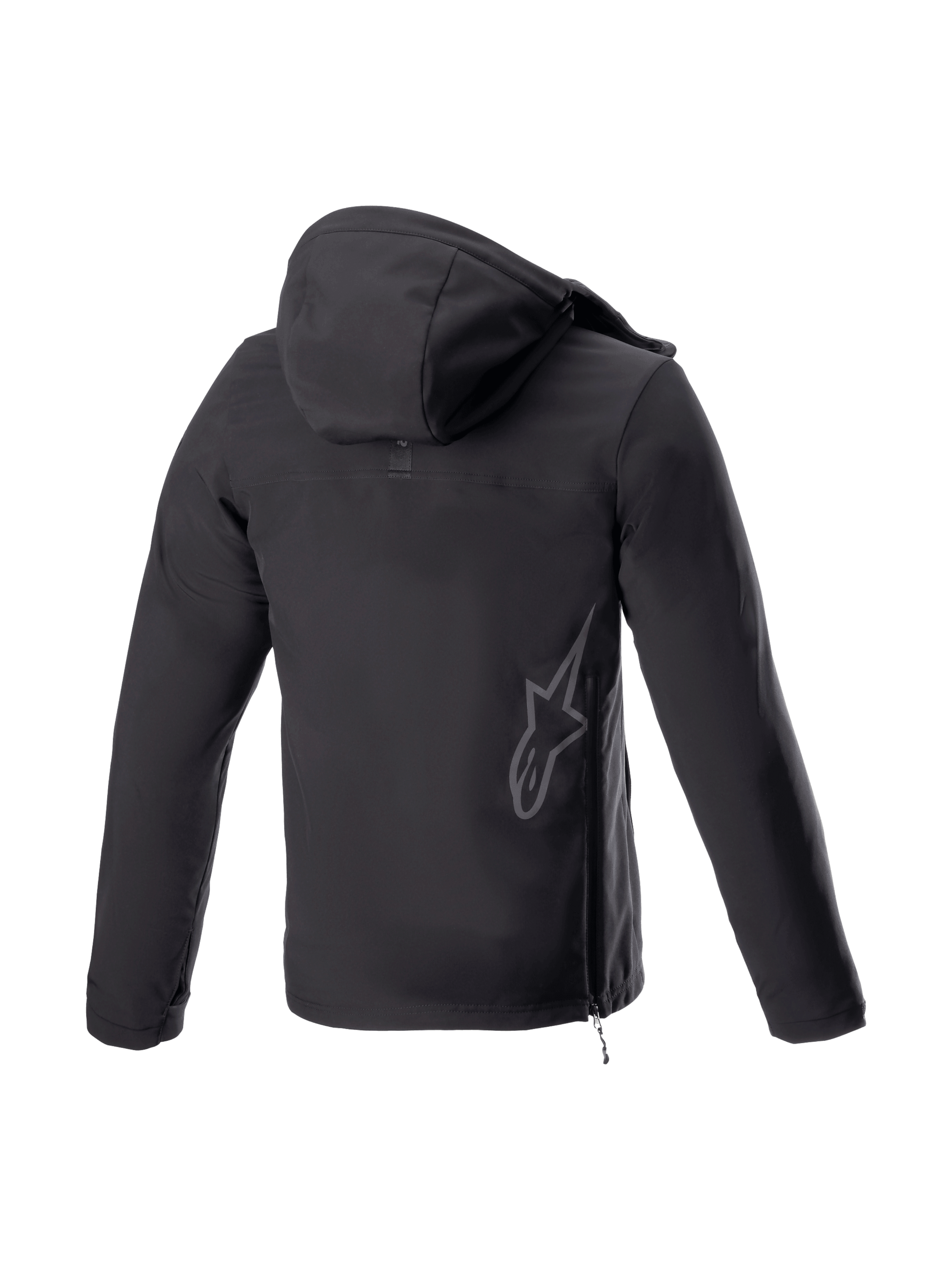 Alpinestars Sherpa Hoodie, casaco com capuz de moto urbano preto, vista traseira com logótipo refletor e fecho lateral.