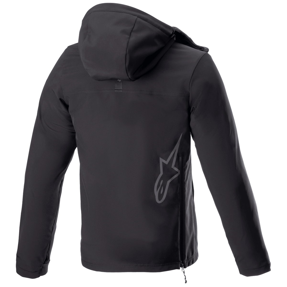 Alpinestars Sherpa Hoodie, casaco de motociclismo urbano com capuz, Black Reflex, vista traseira com um grande logótipo de estrela Alpinestars refletor na parte inferior das costas, fecho de correr lateral e capuz, design softshell à prova de vento