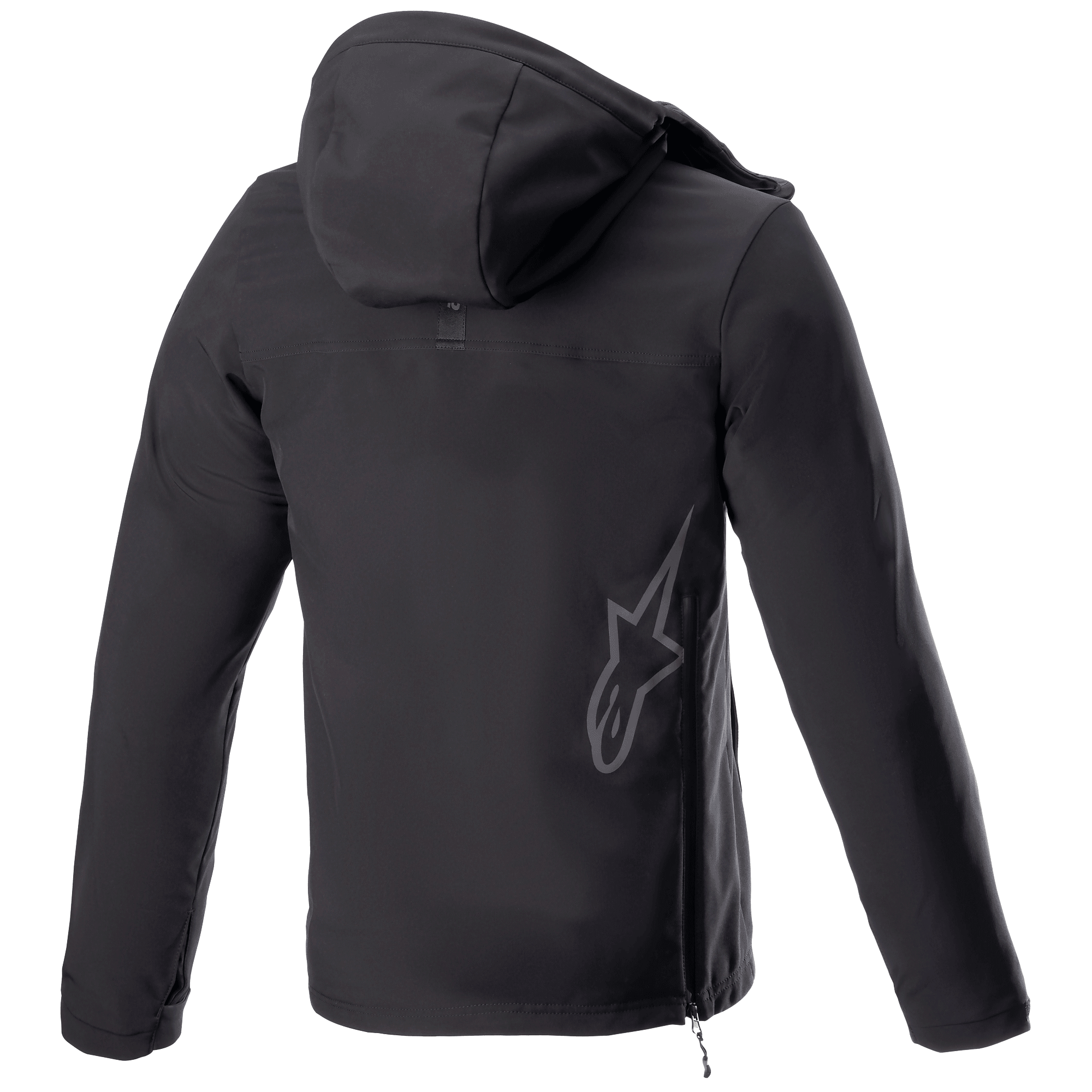 Alpinestars Sherpa Hoodie, casaco de motociclismo urbano com capuz, Black Reflex, vista traseira com um grande logótipo de estrela Alpinestars refletor na parte inferior das costas, fecho de correr lateral e capuz, design softshell à prova de vento